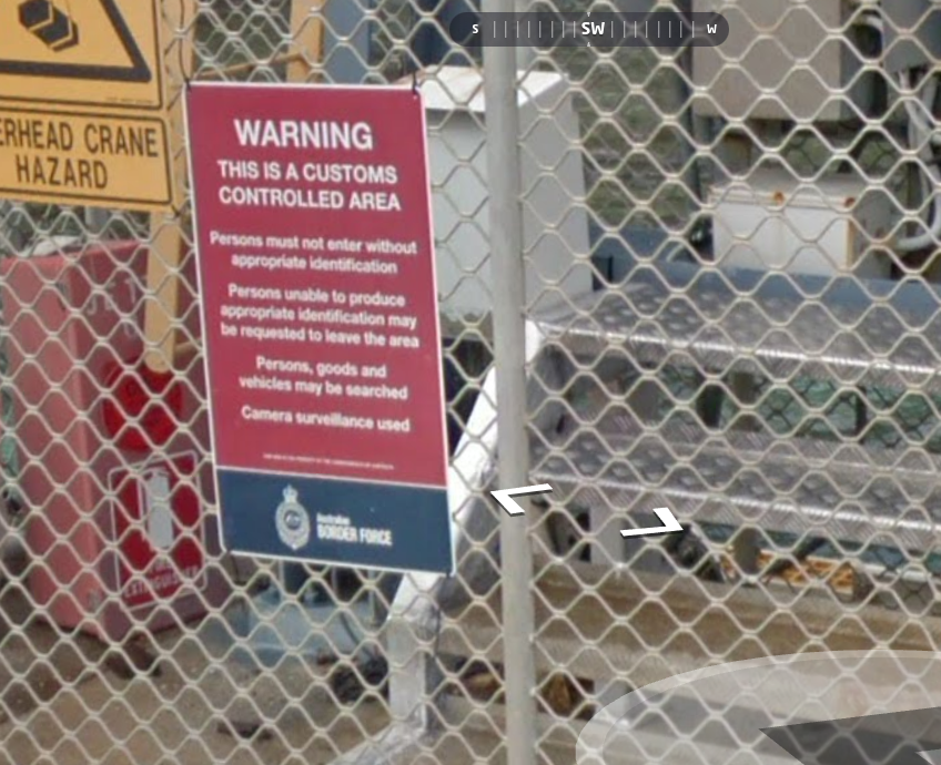 A rather scary-looking sign, warning the reader that they are in a customs-controlled area, by the "Australian Border Force"