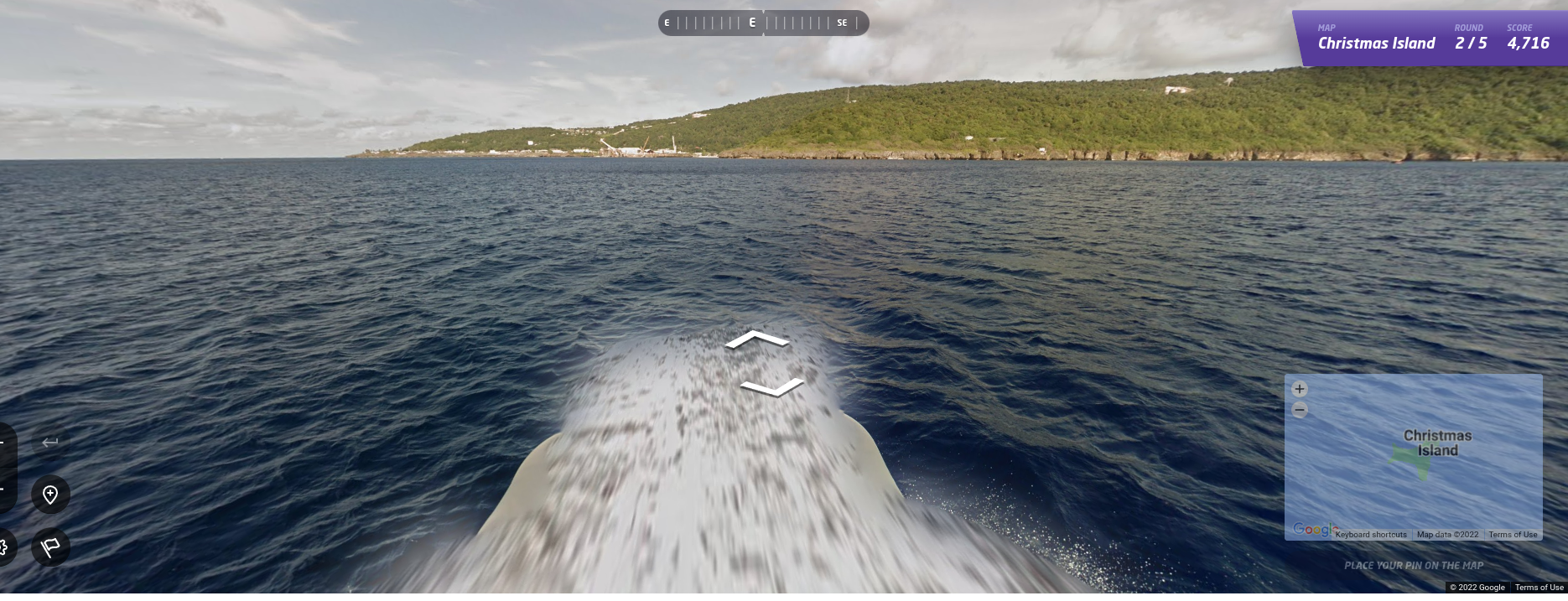 Screenshot showing the player starts off this level in the middle of the water far off the coast, in what appears to be a jetski?